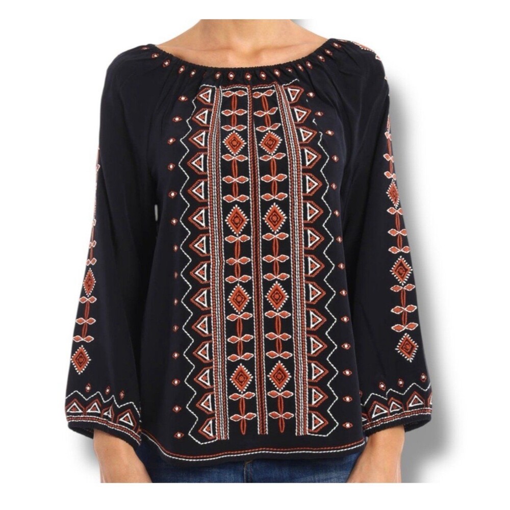 Tory Burch Jessie 100% Silk Off Shoulder Embroidered Blouse Women’s Size 8 - Picture 2 of 9